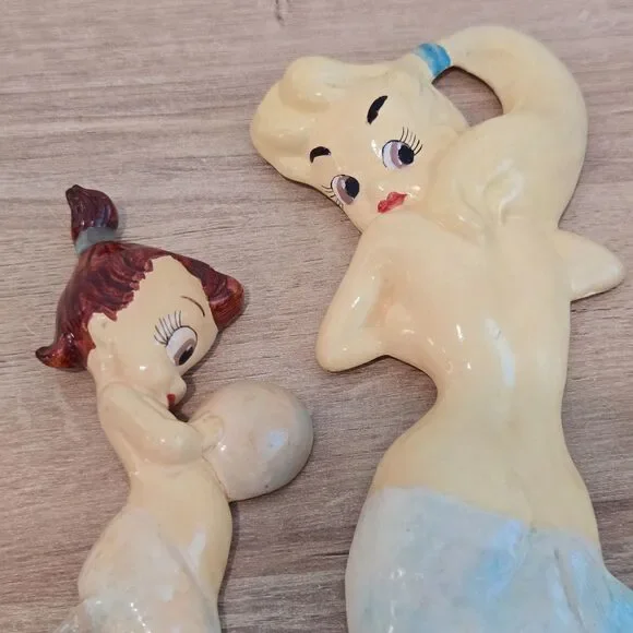 Vtg Mermaids + Bubbles Chalkware Kitsch Wall Hanging Plaques Set of 3 ~ 5"-8" - Picture 5 of 10